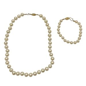 Vintage Ivory Pearl Gold Boat Clasp Bridal Wedding Necklace & Bracelet